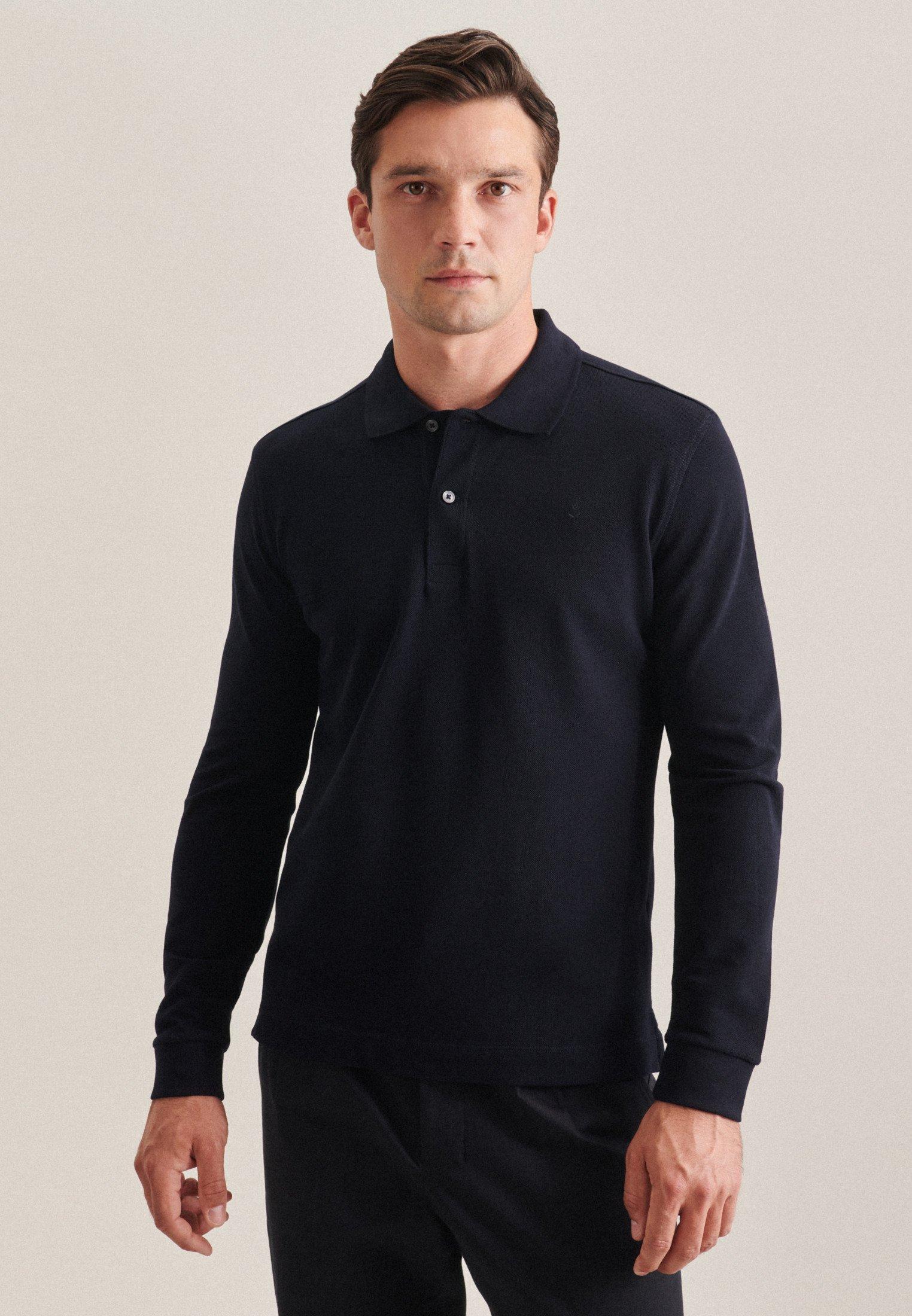 Image of Polo Slim Fit Langarm Uni Herren Dunkelblau M