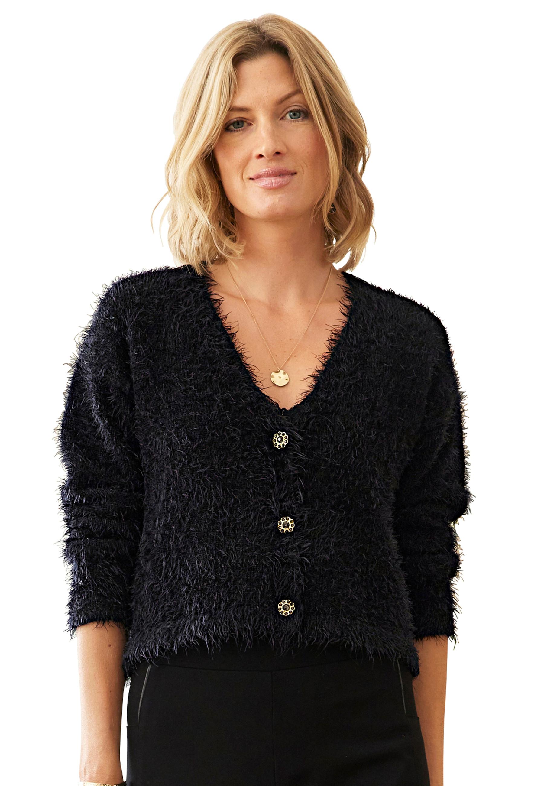 Image of Kurze Jacke Aus Weichem Strick, Weite Passform, V-ausschnitt. Damen Schwarz 46-48