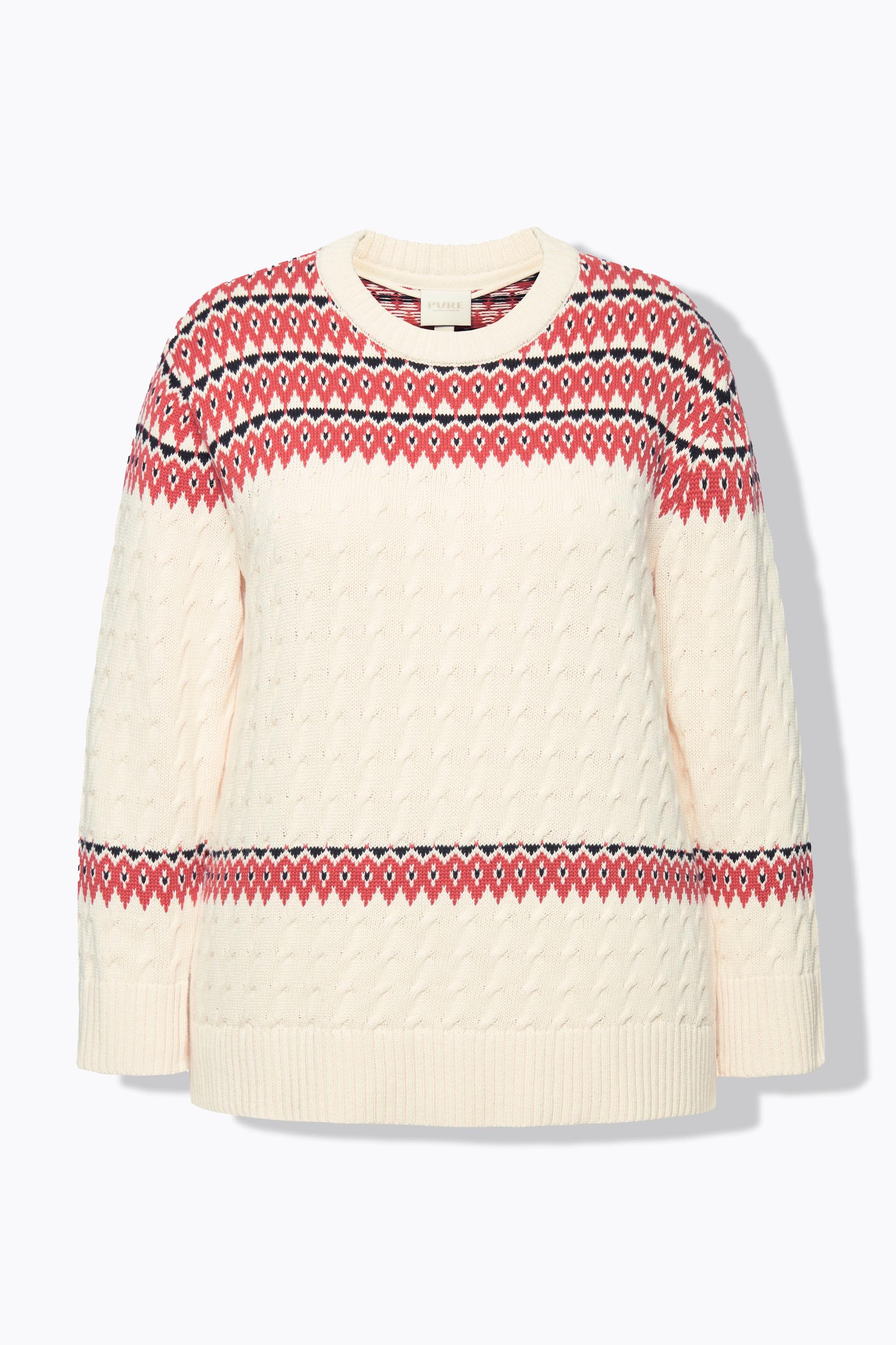 Ulla Popken  Pullover, Fair Isle, Rundhals, Langarm, Biobaumwolle 