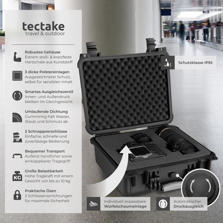 Tectake  Kamerakoffer  aus robuster Hartschale mit 3 Schaumstoffeinlagen Druckausgleichsventil 