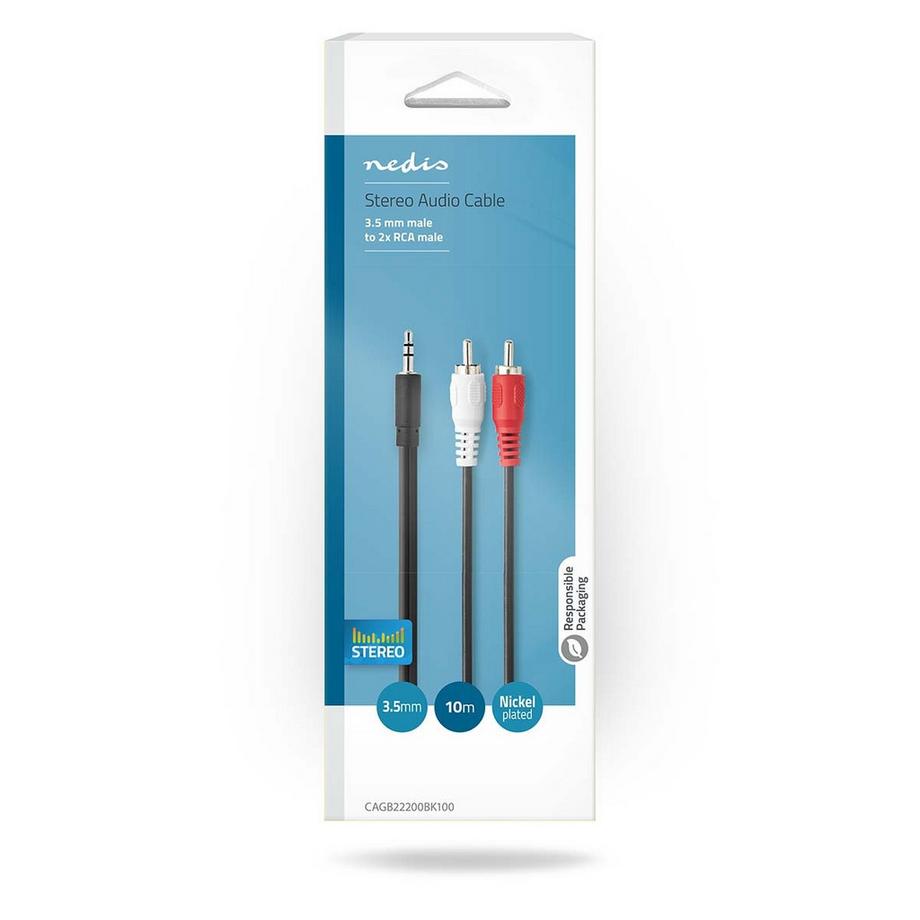 Nedis  Câble audio stéréo | 3,5 mm Hane | 2x RCA Hane | Nickelplaterad | 10.0 m | Round | Svart | Låda 