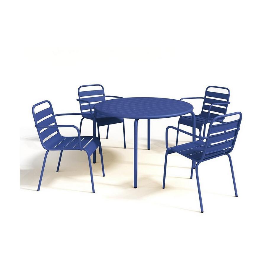 Vente-unique Salle à manger de jardin en métal - une table D.110cm et 4 fauteuils empilables - Bleu nuit - MIRMANDE de MYLIA  
