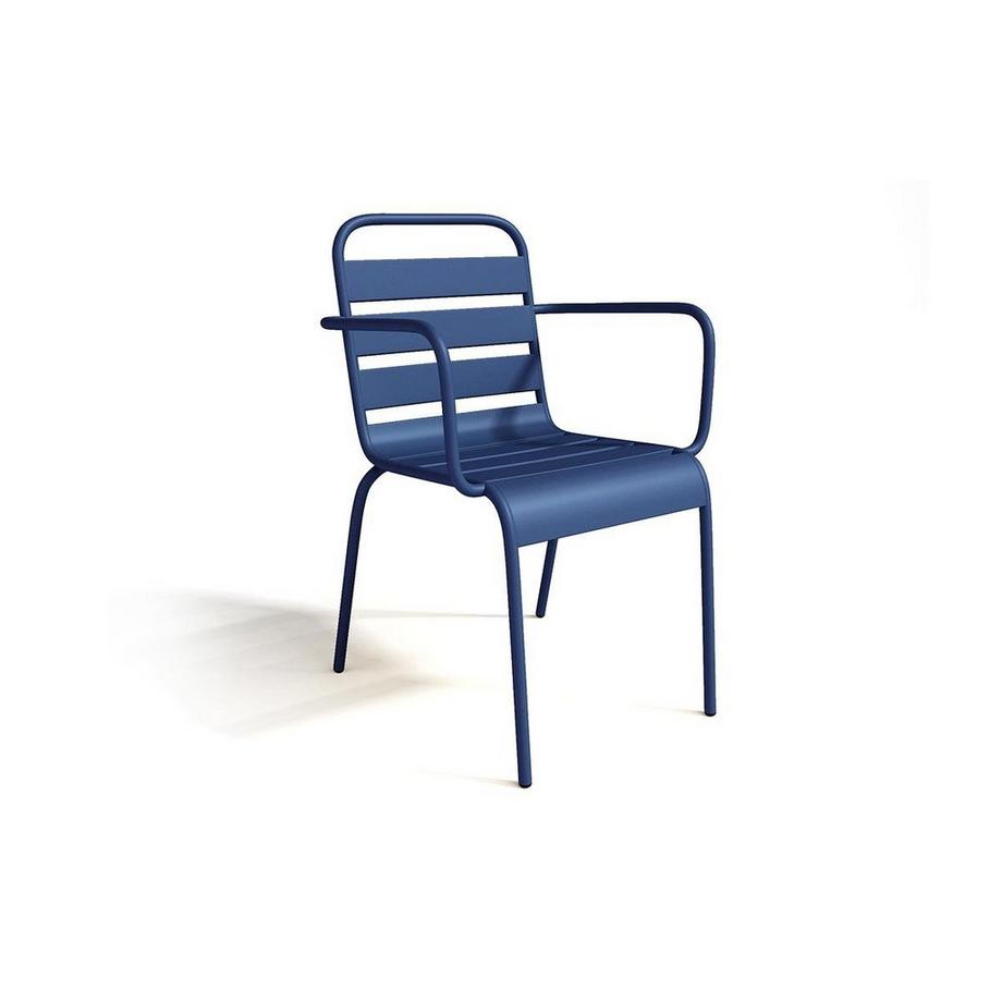 Vente-unique Salle à manger de jardin en métal - une table D.110cm et 4 fauteuils empilables - Bleu nuit - MIRMANDE de MYLIA  