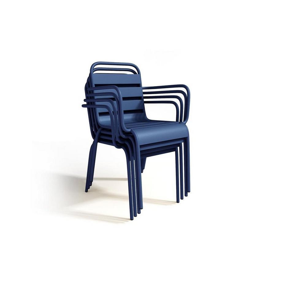 Vente-unique Salle à manger de jardin en métal - une table D.110cm et 4 fauteuils empilables - Bleu nuit - MIRMANDE de MYLIA  