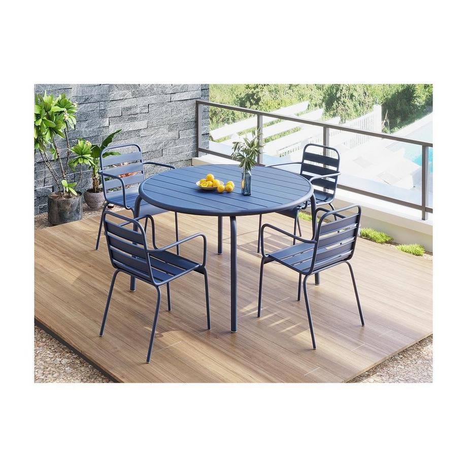 Salle à manger de jardin en métal - une table D.110cm et 4 fauteuils empilables - Bleu nuit - MIRMANDE de MYLIA