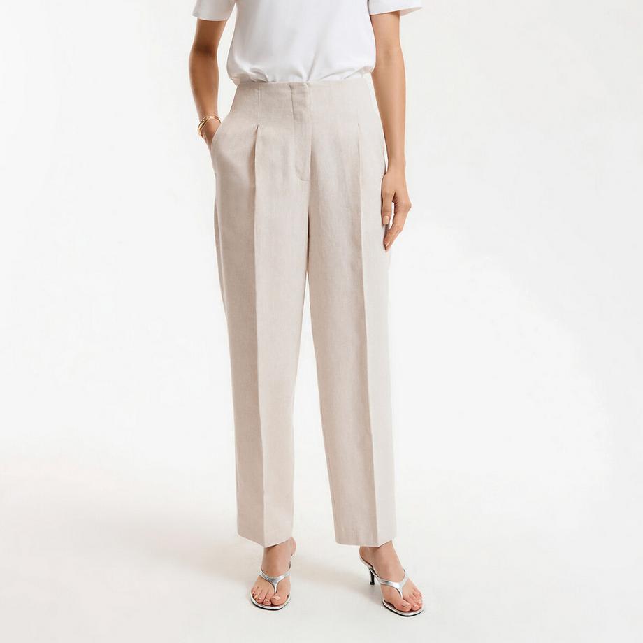 Zigarettenhose mit hoher Taille aus Leinen und Baumwolle