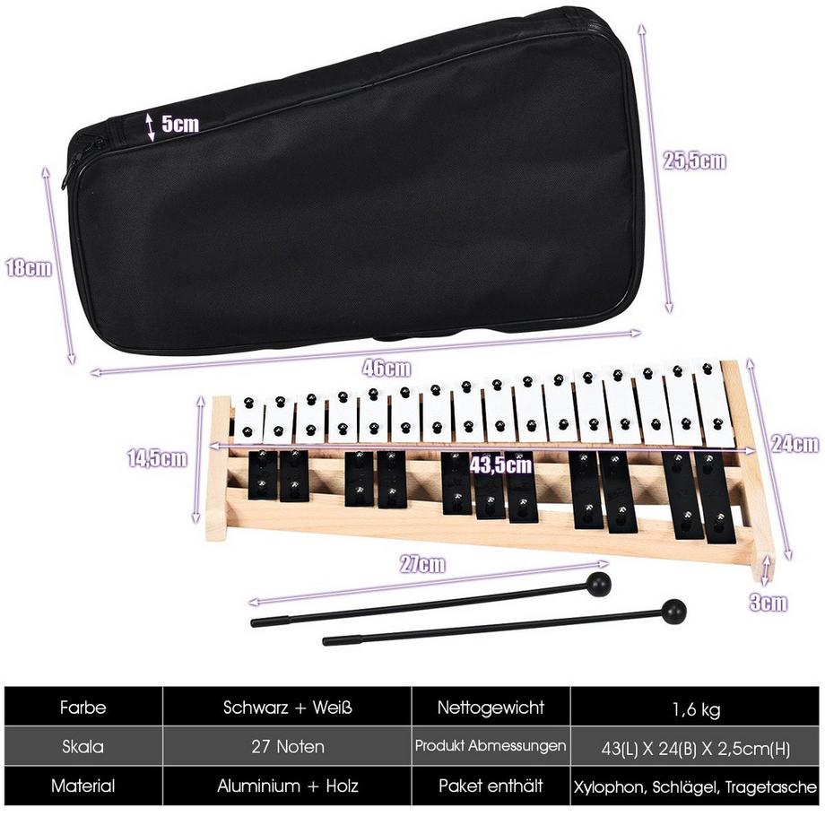 Northix  Xilofono a 27 note con 2 bacchette e borsa per il trasporto Glockenspiel Percussioni a mano Percussioni 