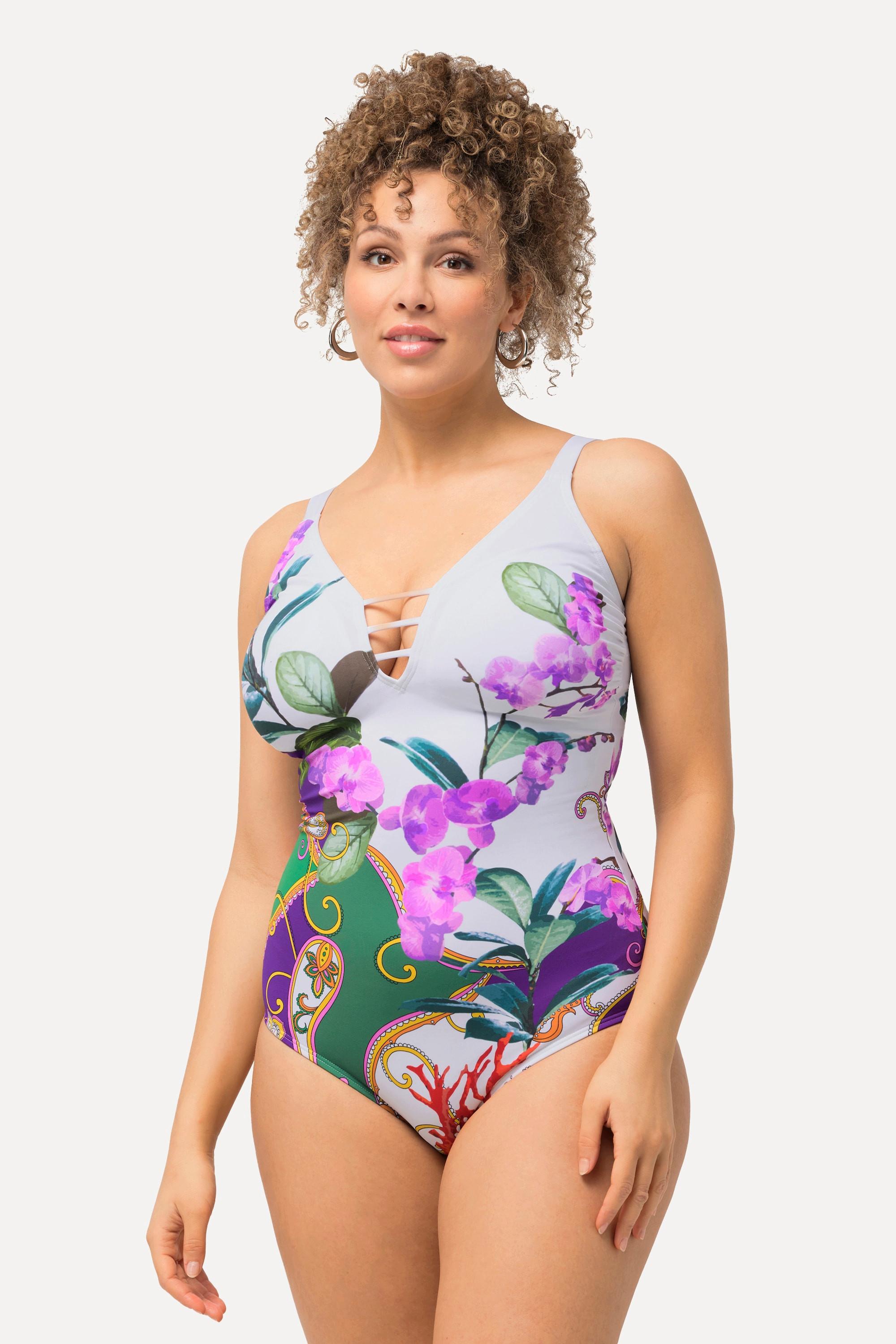 Ulla Popken  Maillot de bain à bonnets moulés. Matière recyclée et motif orchidée 