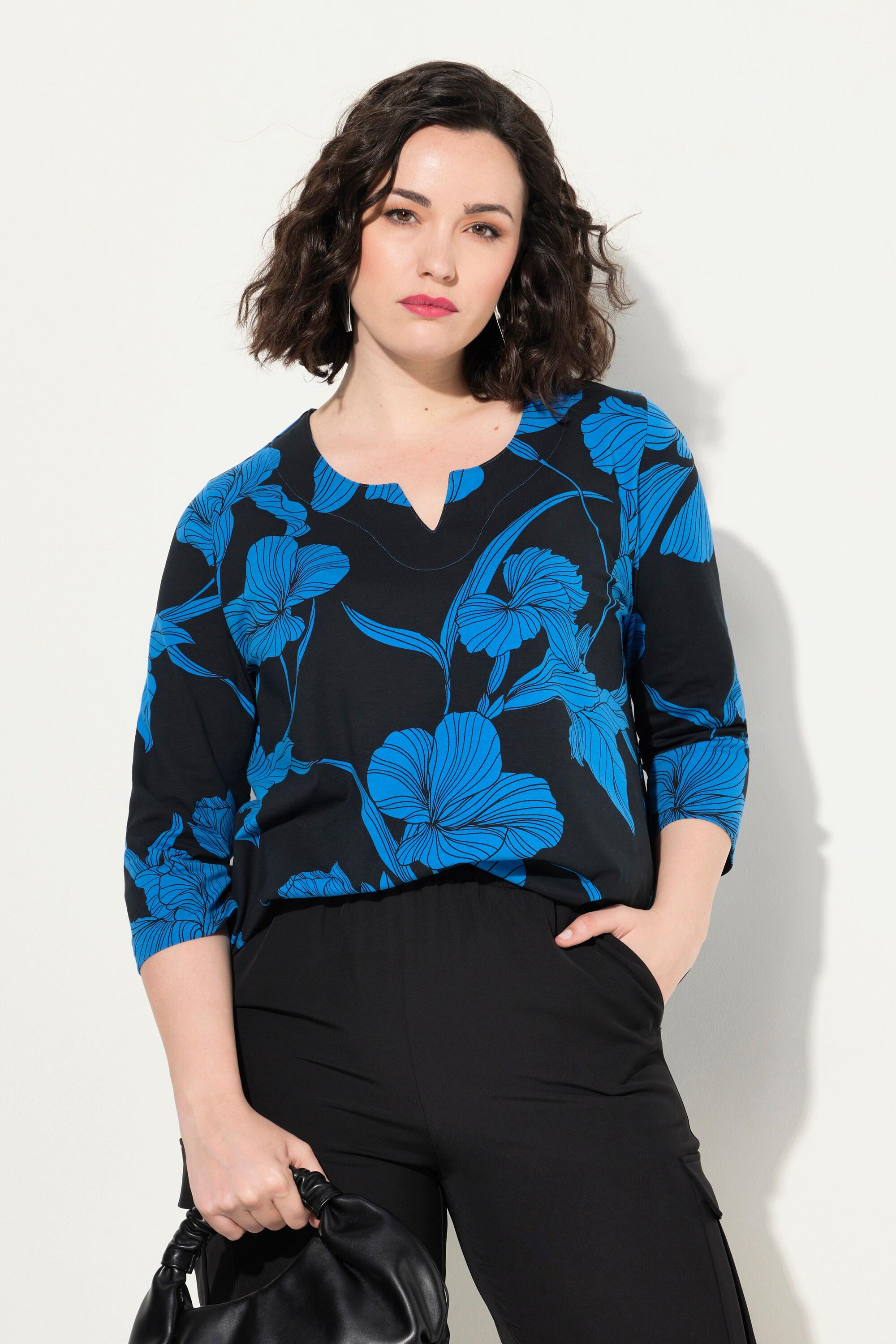 Ulla Popken  Shirt, Blüten, A-Linie, Tunika-Ausschnitt, 3/4-Arm 