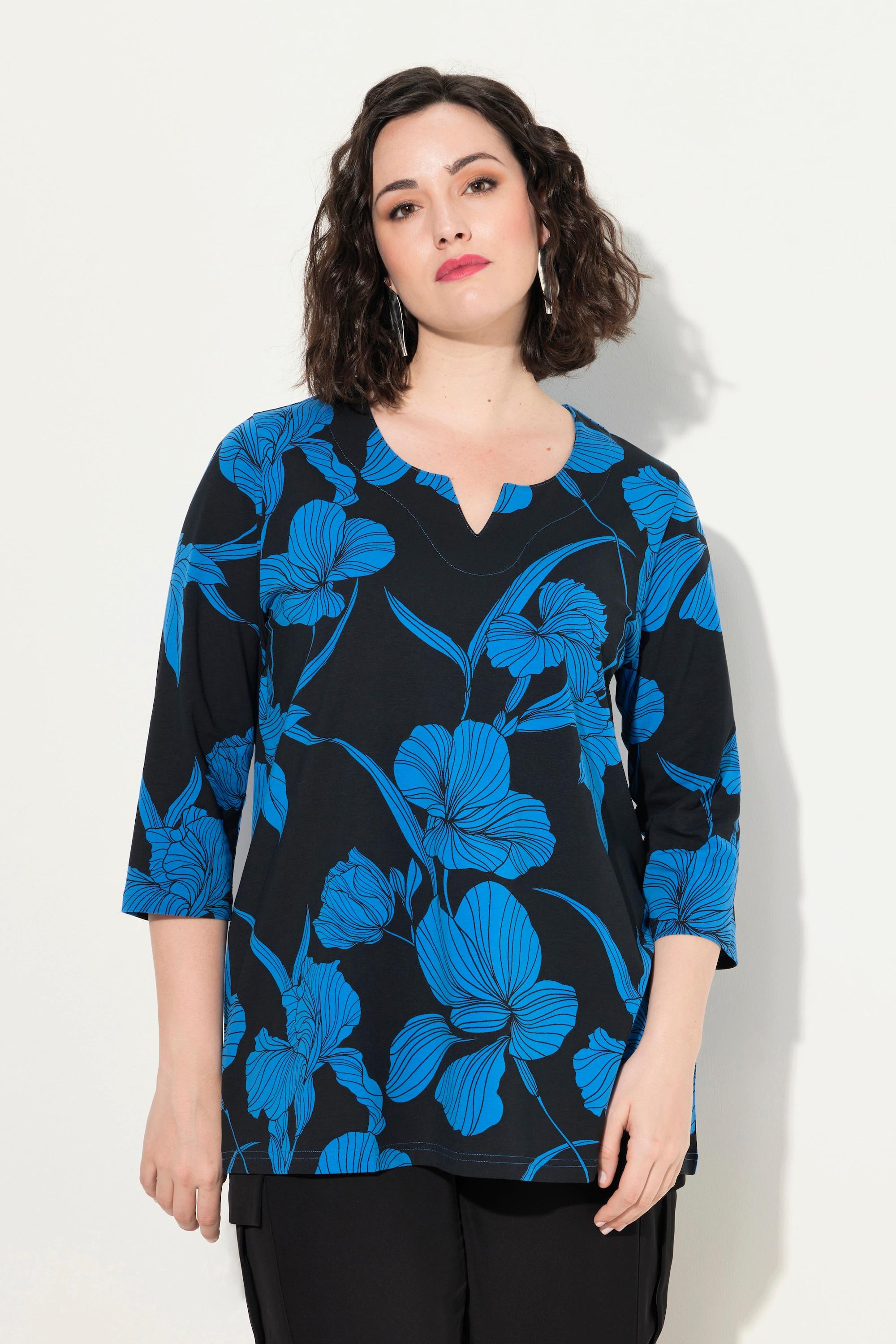 Ulla Popken  Shirt, Blüten, A-Linie, Tunika-Ausschnitt, 3/4-Arm 