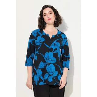 Ulla Popken  Shirt, Blüten, A-Linie, Tunika-Ausschnitt, 3/4-Arm 