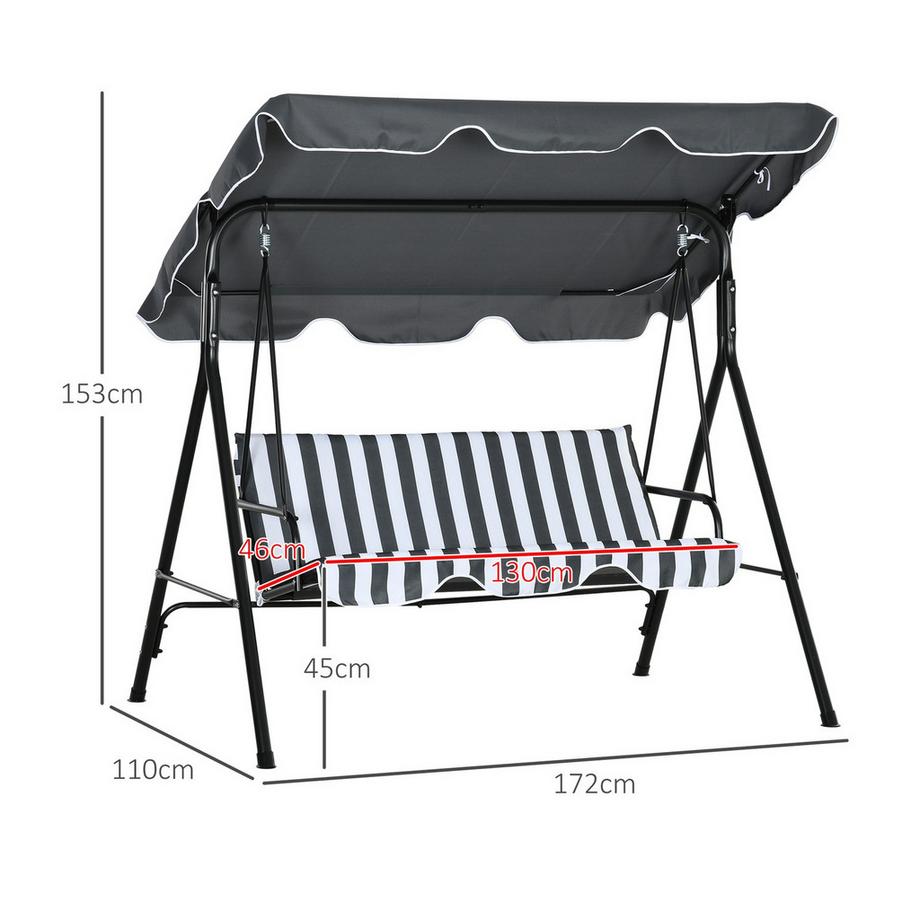 Northio Outsuuny Balançoire Hollywood avec coussin d'assise, balançoire de jardin 3 places avec auvent réglable, banc balançoire charges jusqu'à 240 kg, pour jardin, terrasse, 172 x 110 x 153 cm, gris + blanc Aosom  
