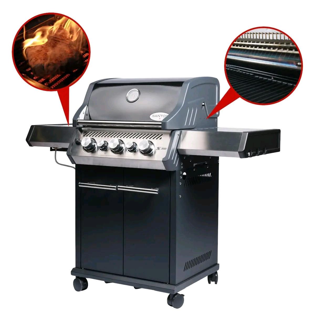 Santos  S S-318 - Gasgrill Seiten- und Heckbrenner, Schwarz inkl. Drehspiess, Rostheber 