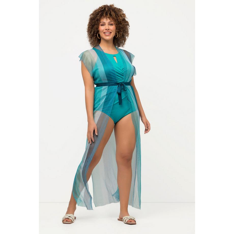 Ulla Popken Caffettano Aperto Mesh Glitterato Righe Mezza Manica  