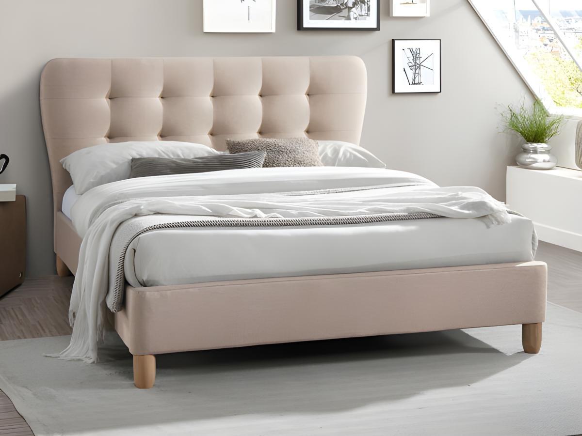 Vente-unique Lit 140 x 190 cm avec tête de lit capitonnée - Tissu - Beige + Matelas - ELIDE  