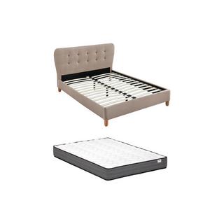 Vente-unique Lit 140 x 190 cm avec tête de lit capitonnée - Tissu - Beige + Matelas - ELIDE  