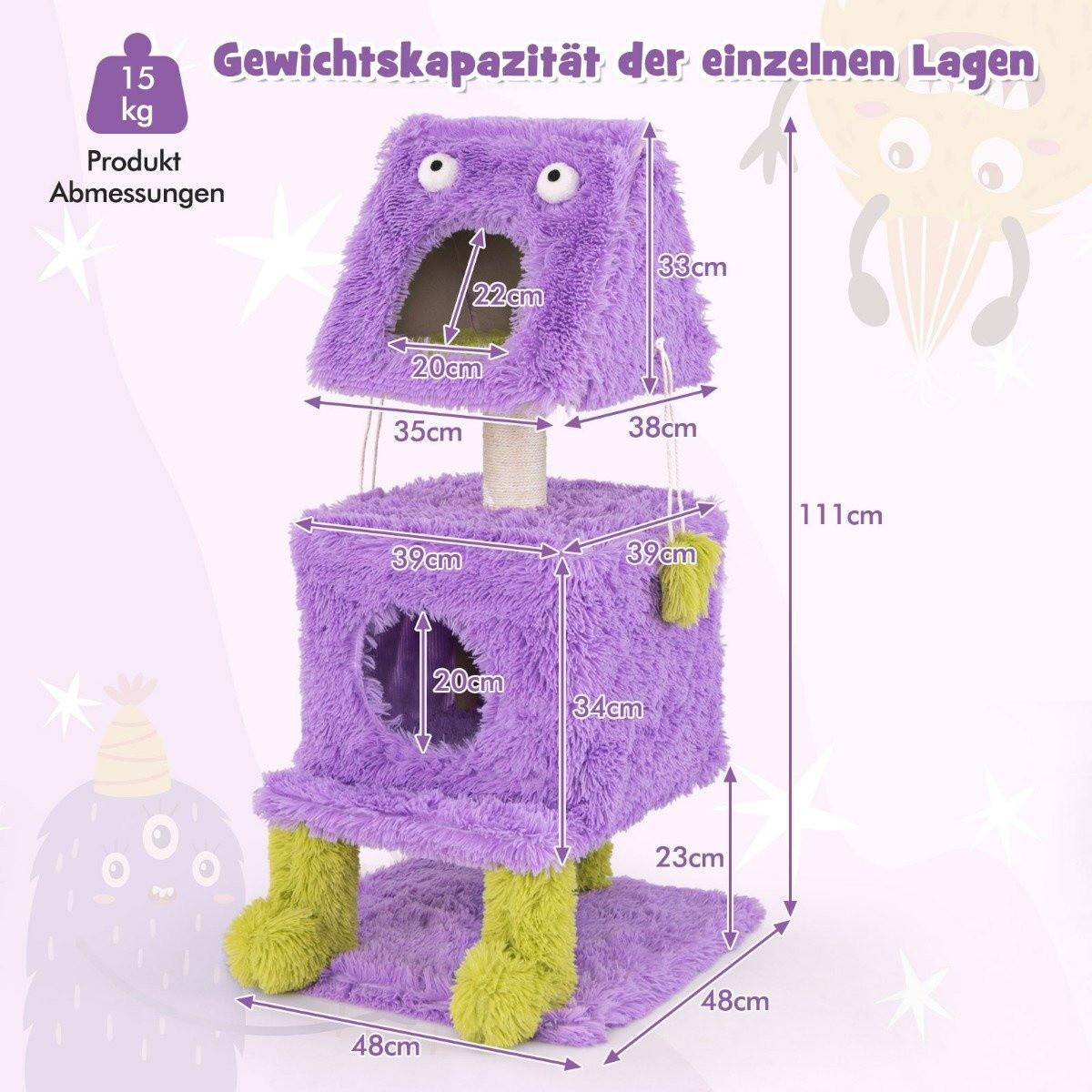 Northio  Tiragraffi per gatti piccolo tiragraffi a tema mostri da 111 cm con 2 grotte per gatti e parte superiore rimovibile viola 