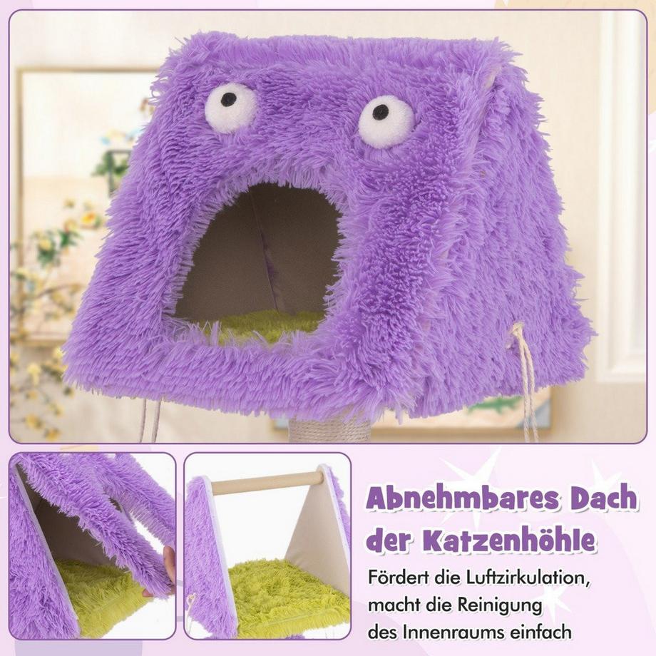 Northio  Arbre à chat sur le thème des monstres, petit arbre à chat de 111 cm avec 2 grottes à chat et dessus amovible violet 