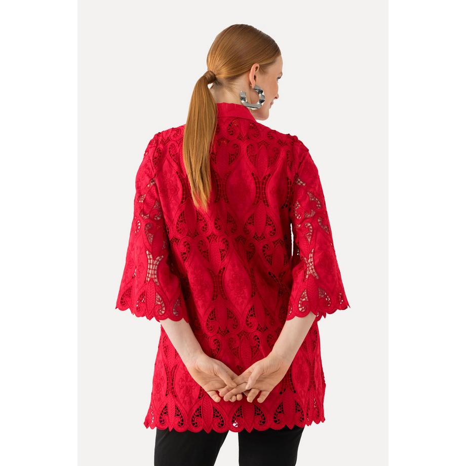 Ulla Popken Chemisier en dentelle Col chemise Silhouette en A Ourlet festonné Manches 3/4  