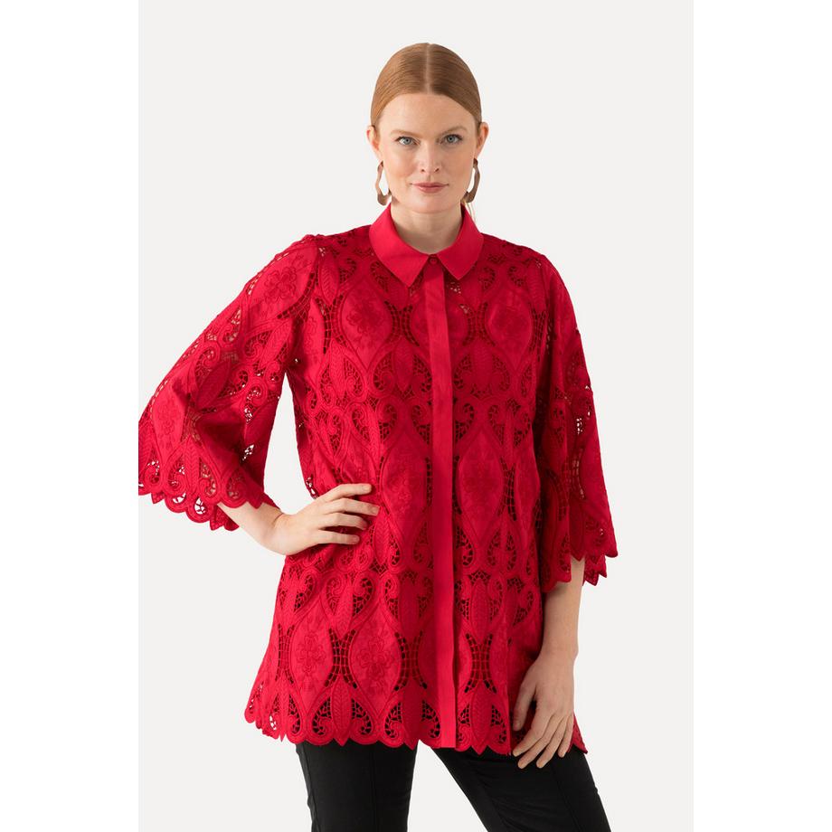 Ulla Popken Chemisier en dentelle Col chemise Silhouette en A Ourlet festonné Manches 3/4  