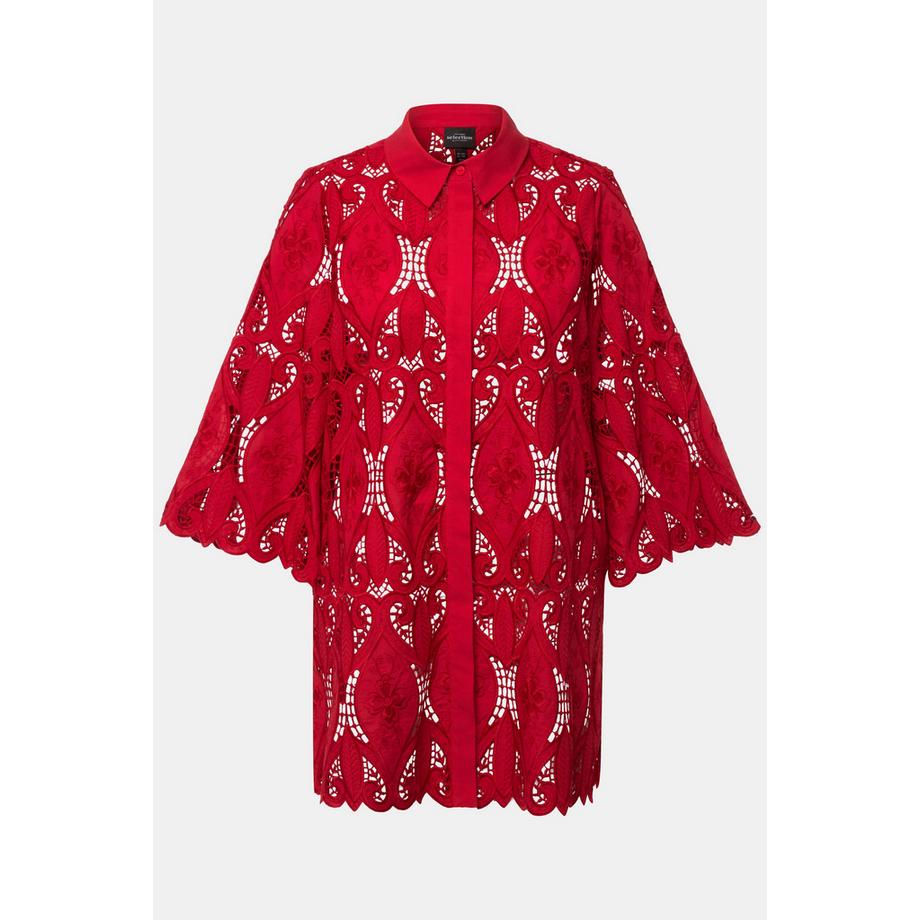 Ulla Popken Chemisier en dentelle Col chemise Silhouette en A Ourlet festonné Manches 3/4  