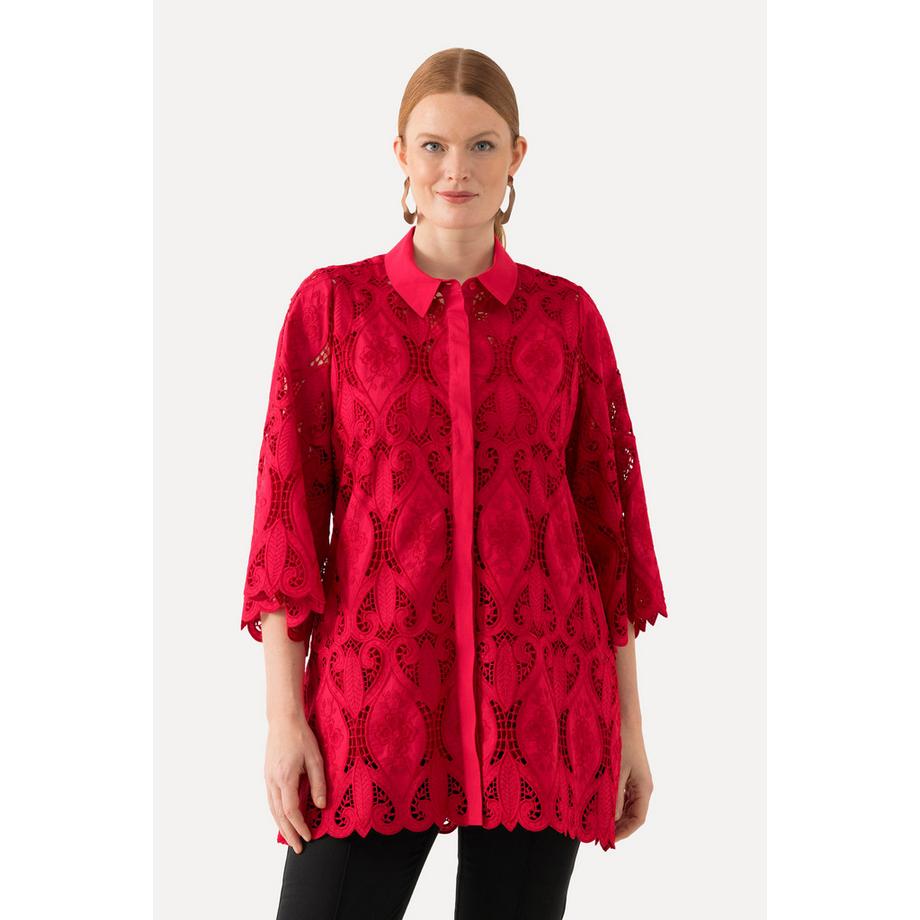 Ulla Popken Chemisier en dentelle Col chemise Silhouette en A Ourlet festonné Manches 3/4  