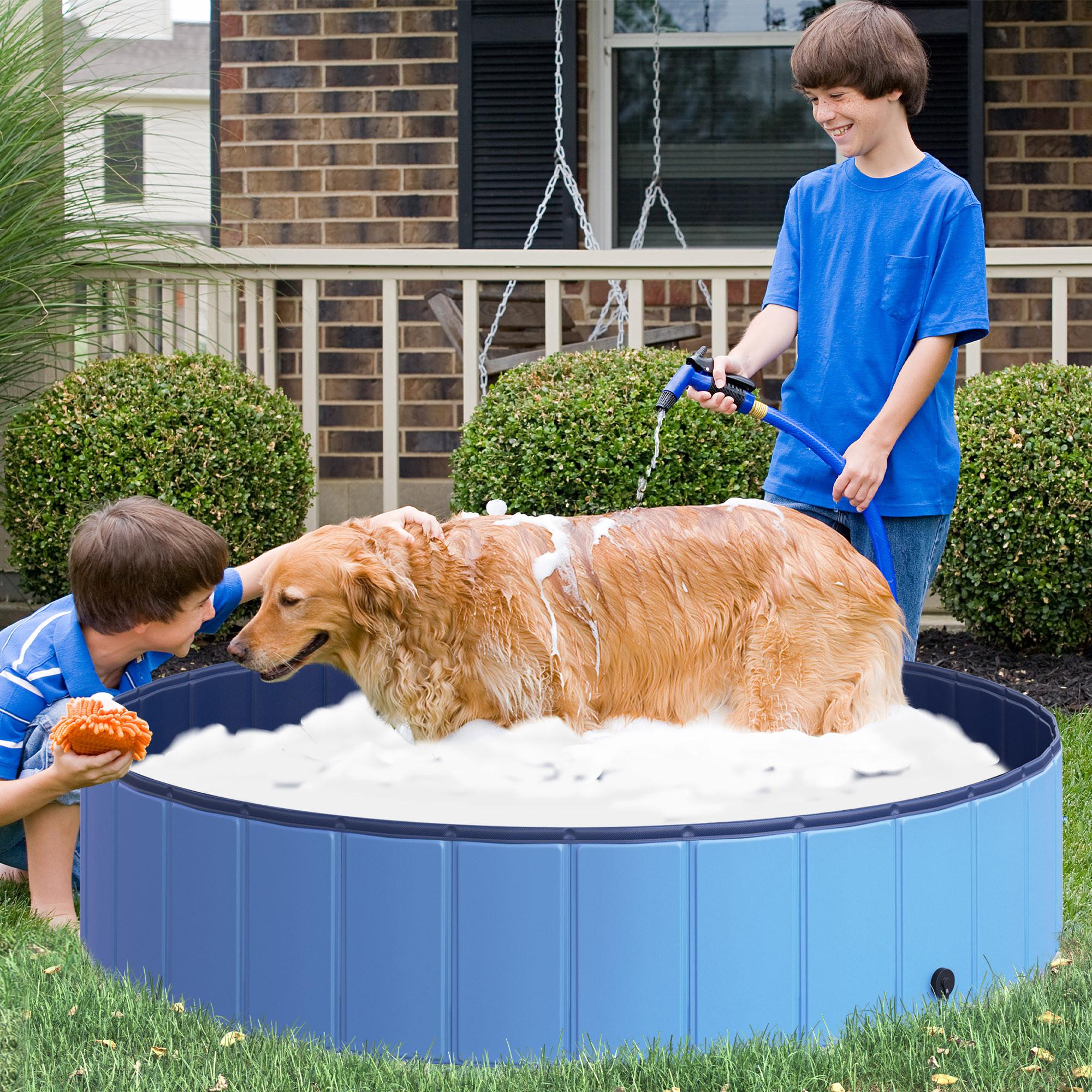 PawHut  Dog Pool Grande Piscina Per Cani, Piscina Per Bambini In Pvc + Legno, Blu, Diametro 140 X Altezza 30 Cm, Ideale Per L'Estate 