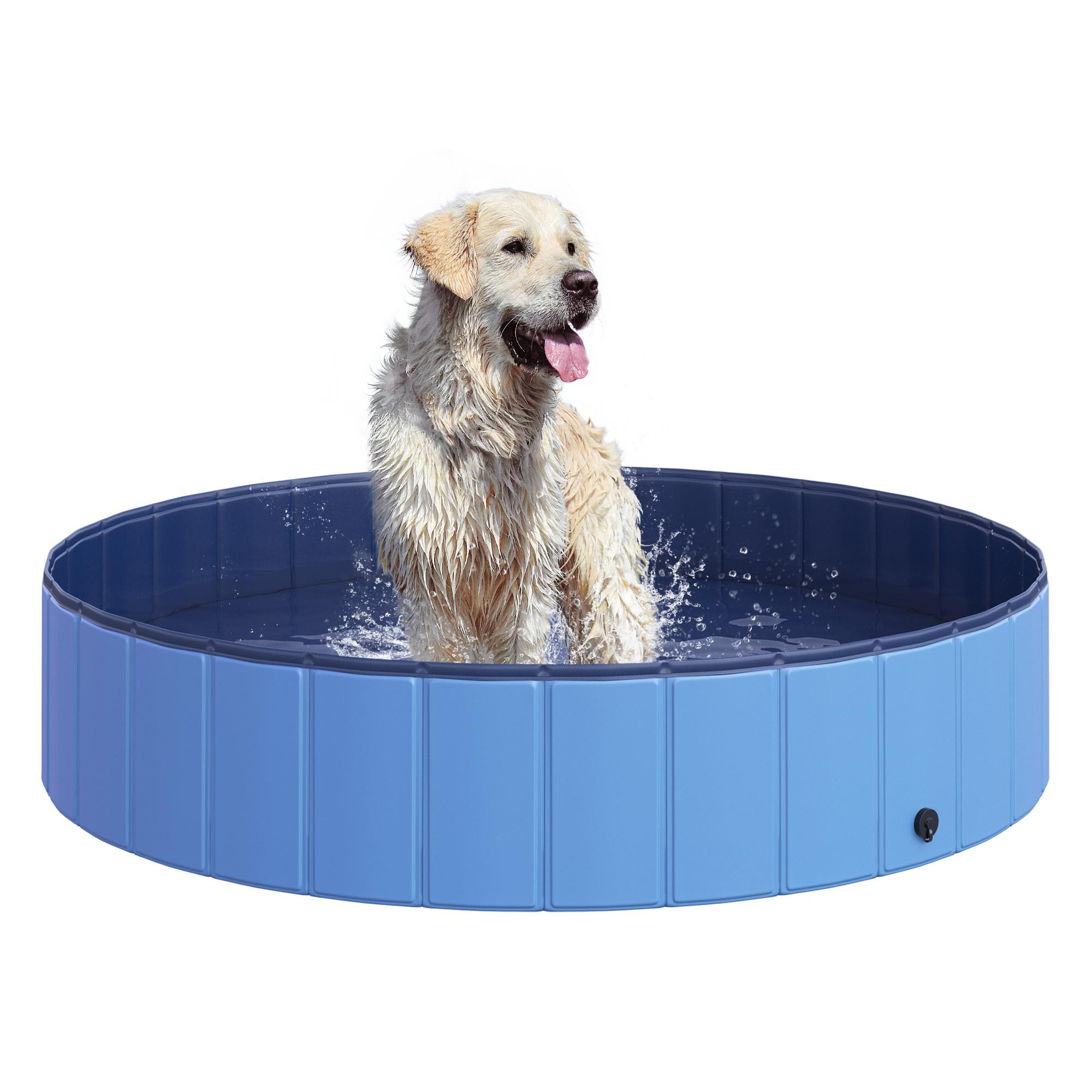 PawHut  Dog Pool Grande Piscina Per Cani, Piscina Per Bambini In Pvc + Legno, Blu, Diametro 140 X Altezza 30 Cm, Ideale Per L'Estate 