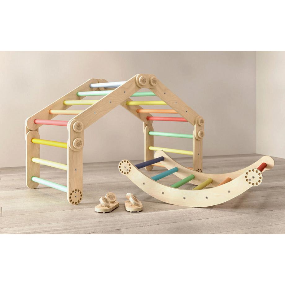 Montessori  Maxi-Klettergerüst für Kinder (Set L mit Schaukel) Regenbogenfarben 