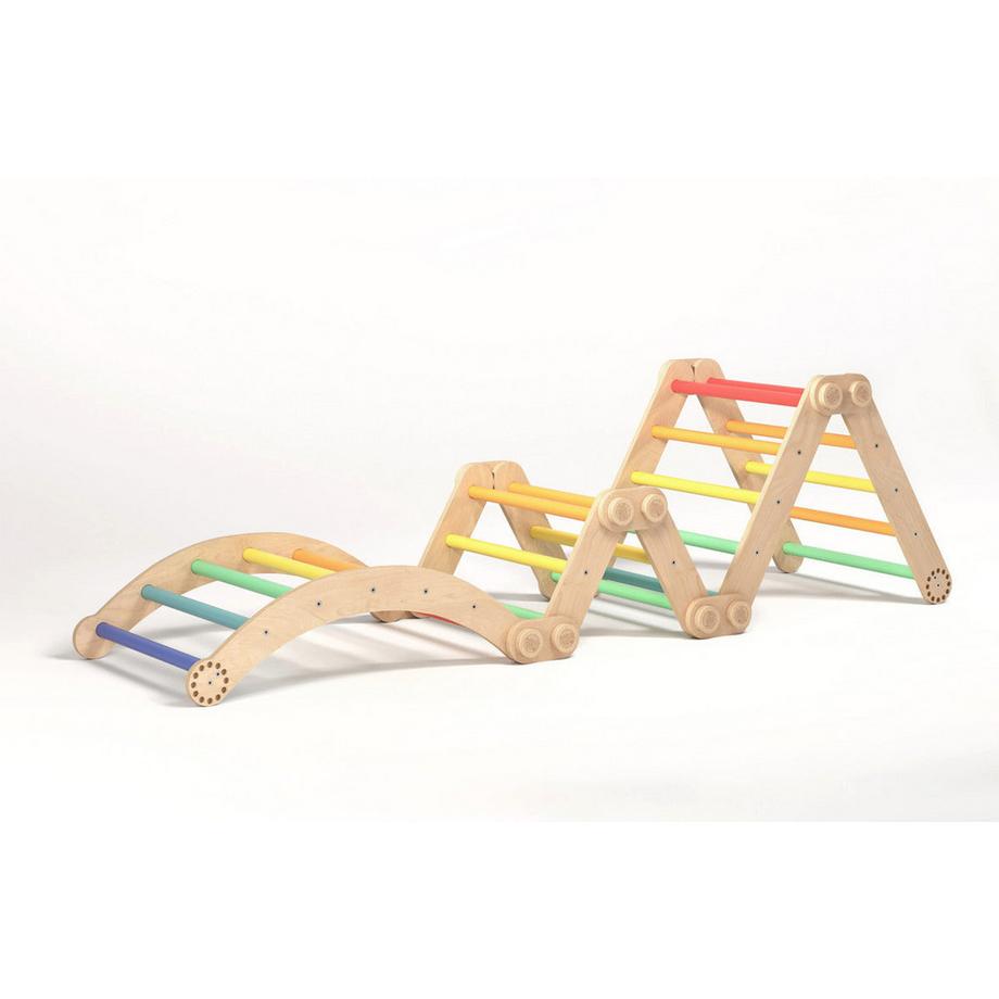 Montessori  Maxi-Klettergerüst für Kinder (Set L mit Schaukel) Regenbogenfarben 