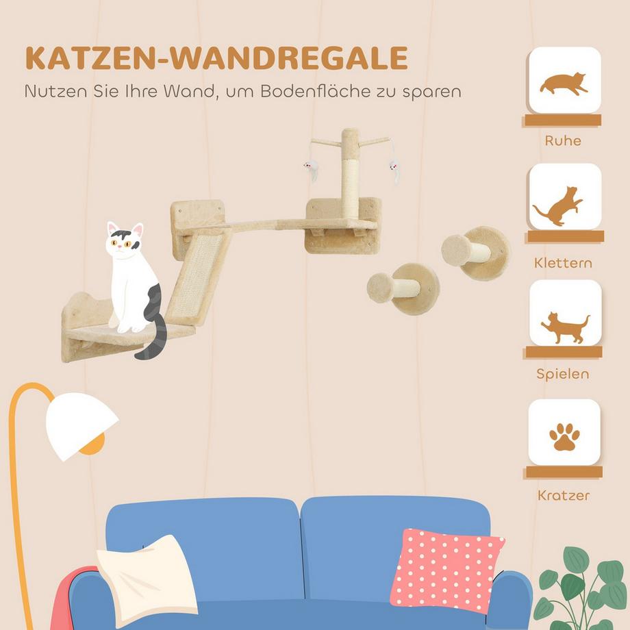 Northio  Ensemble de mur d'escalade pour chat, meubles pour chat 3 pièces avec griffoir, plaques de saut, griffoir, balle de jeu, pour chats jusqu'à 5 kg, sisal, beige 