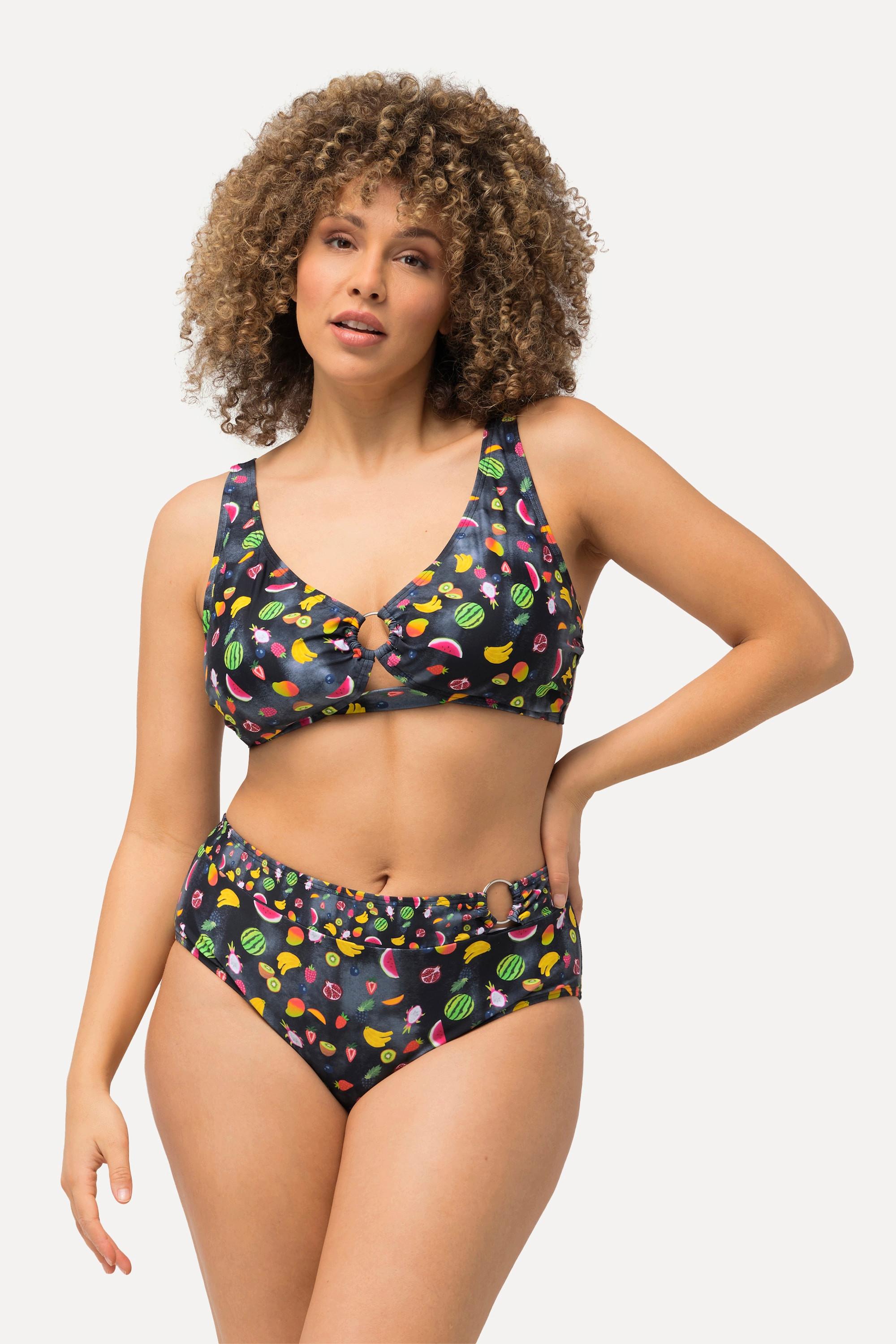 Ulla Popken  Bikini avec anneaux fantaisie, bonnets souples. Matière recyclée dans un joli imprimé fruits. 