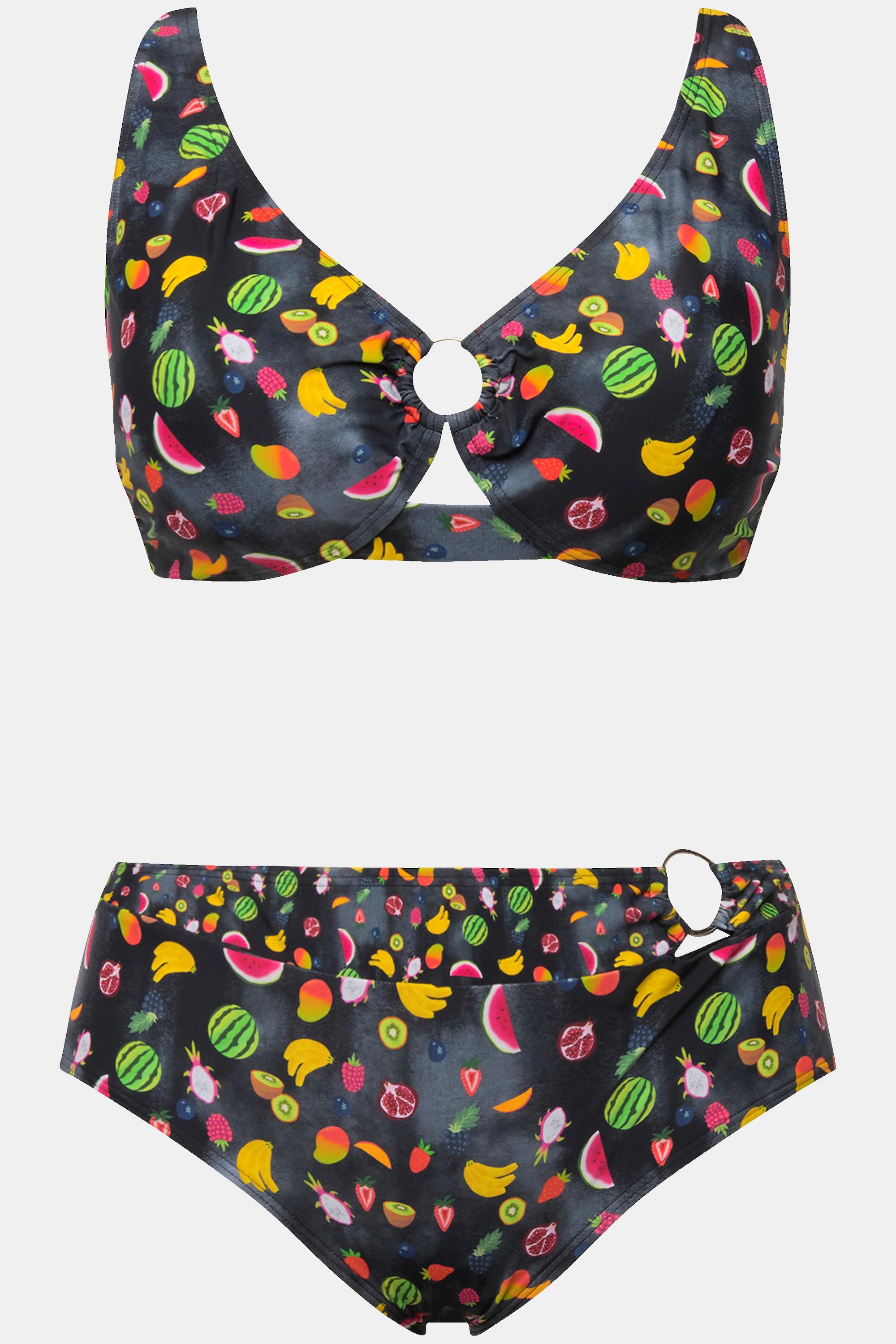 Ulla Popken  Bikini avec anneaux fantaisie, bonnets souples. Matière recyclée dans un joli imprimé fruits. 