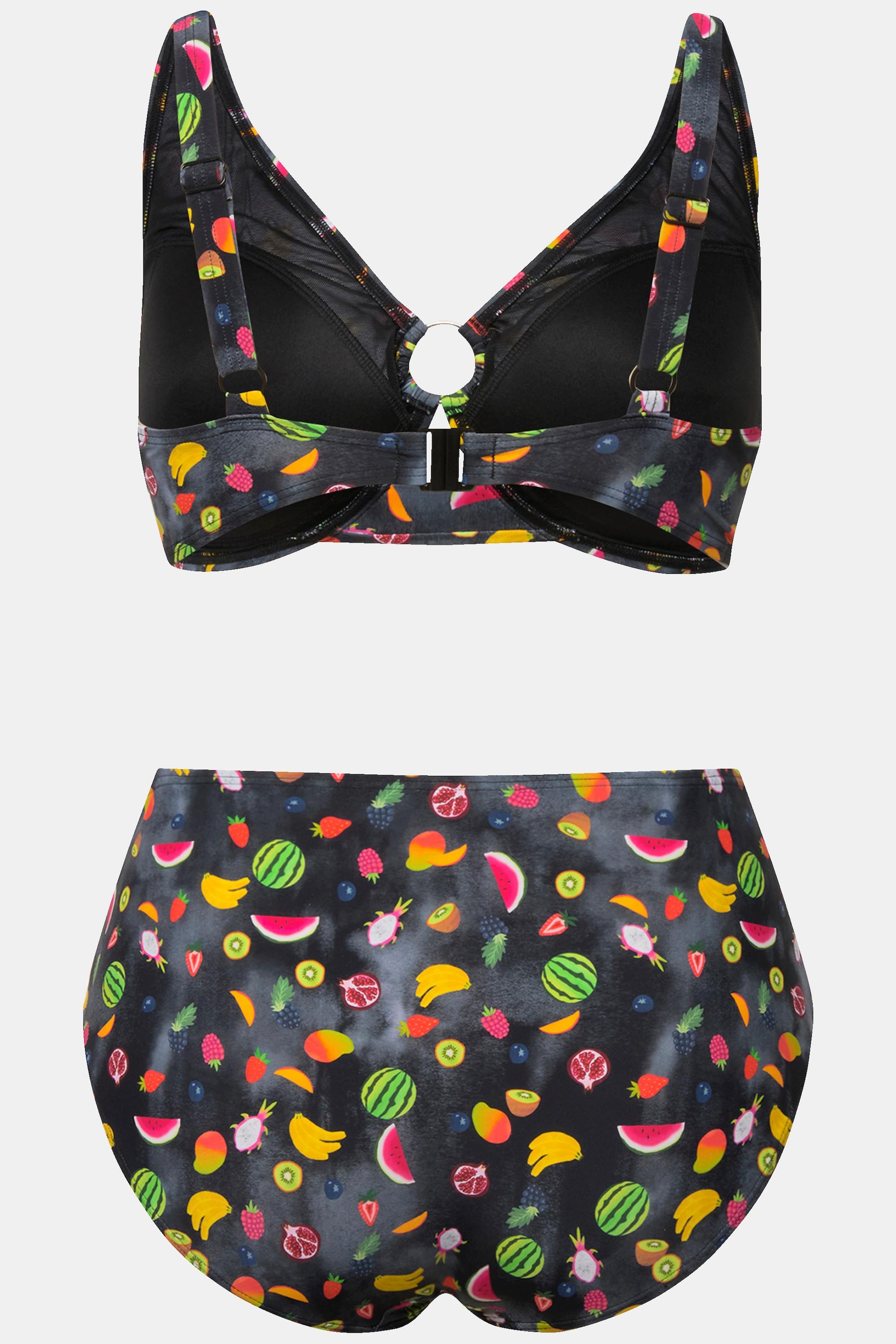 Ulla Popken  Bikini avec anneaux fantaisie, bonnets souples. Matière recyclée dans un joli imprimé fruits. 