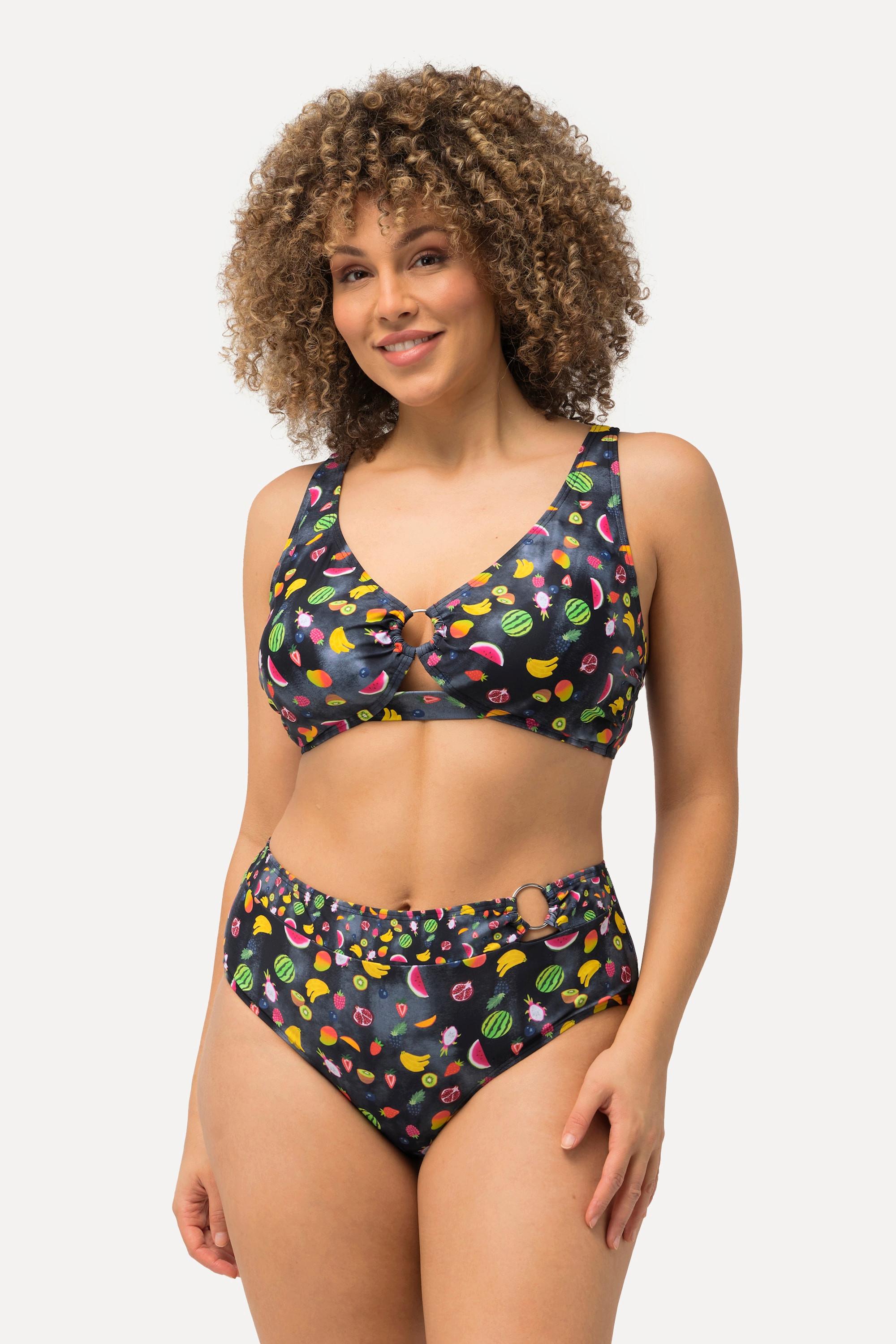 Ulla Popken  Bikini avec anneaux fantaisie, bonnets souples. Matière recyclée dans un joli imprimé fruits. 