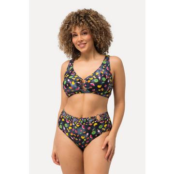 Bikini avec anneaux fantaisie, bonnets souples. Matière recyclée dans un joli imprimé fruits.