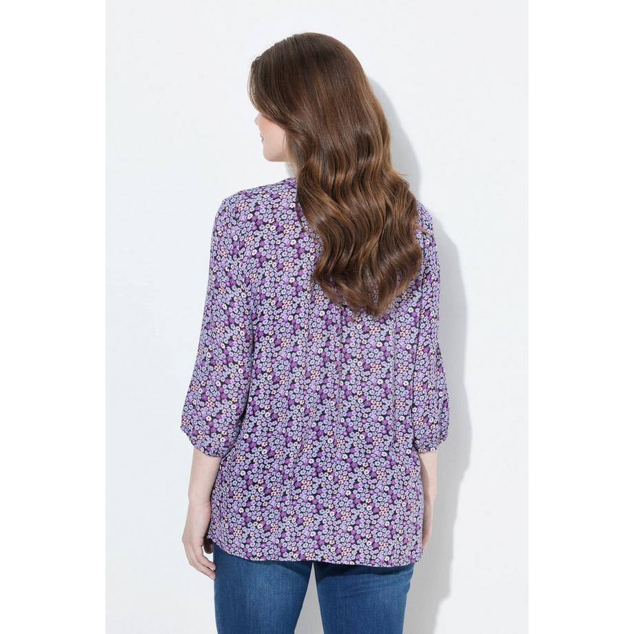 Ulla Popken Blouse Smockée Motif à Fleurs Décolleté Rond Manches 3/4  