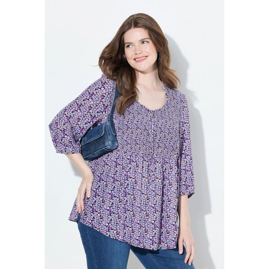 Ulla Popken Blouse Smockée Motif à Fleurs Décolleté Rond Manches 3/4  