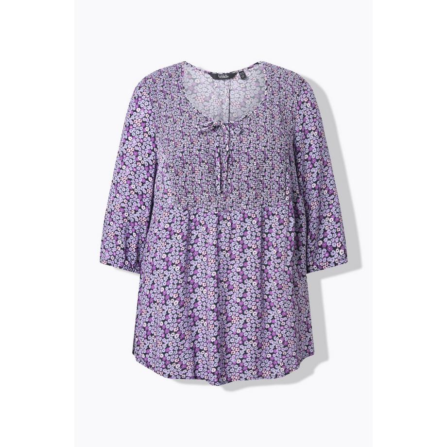Ulla Popken Blouse Smockée Motif à Fleurs Décolleté Rond Manches 3/4  