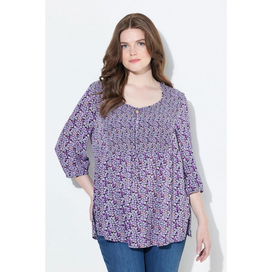 Ulla Popken Blouse Smockée Motif à Fleurs Décolleté Rond Manches 3/4  