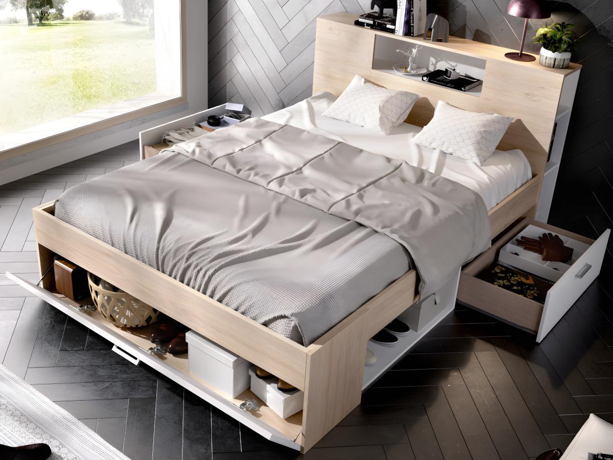 Vente-unique Letto con testata vani portaoggetti e cassetti Bianco e Naturale LEANDRE  