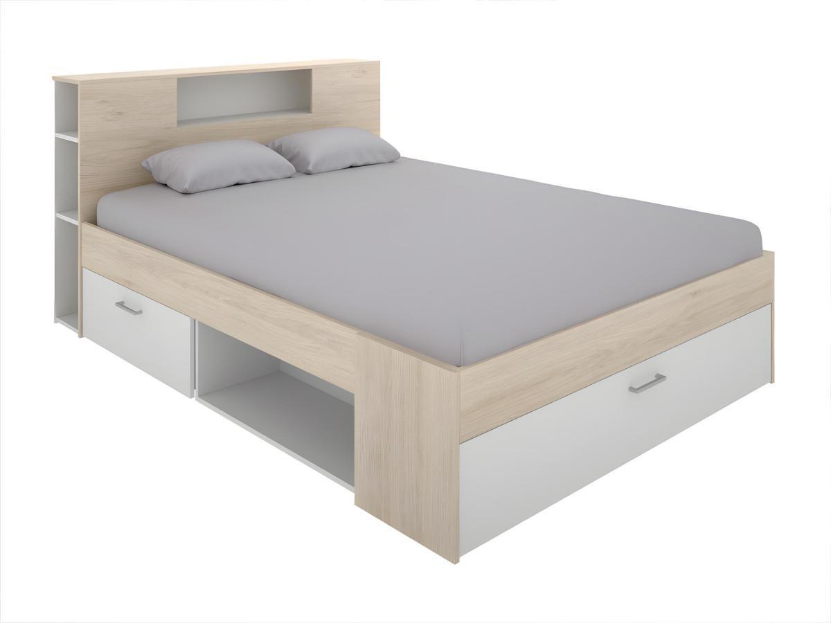 Vente-unique Letto con testata vani portaoggetti e cassetti Bianco e Naturale LEANDRE  