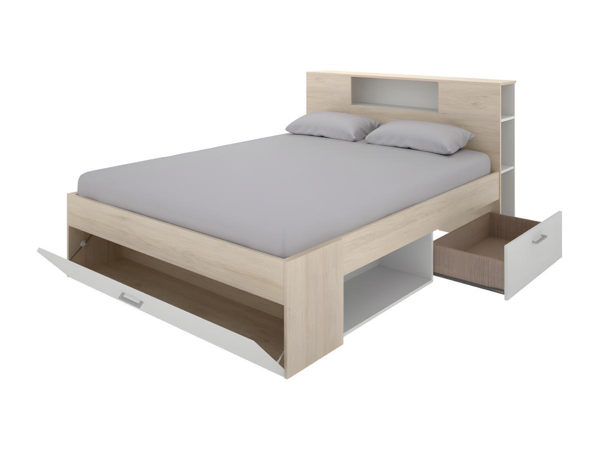 Vente-unique Letto con testata vani portaoggetti e cassetti Bianco e Naturale LEANDRE  