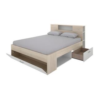 Vente-unique Letto con testata vani portaoggetti e cassetti Bianco e Naturale LEANDRE  