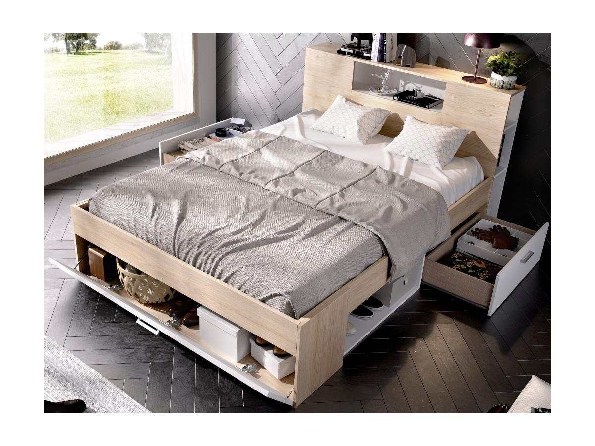 Vente-unique Letto con testata vani portaoggetti e cassetti Bianco e Naturale LEANDRE  