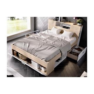 Vente-unique Letto con testata vani portaoggetti e cassetti Bianco e Naturale LEANDRE  