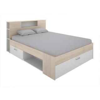 Vente-unique Letto con testata vani portaoggetti e cassetti Bianco e Naturale LEANDRE  