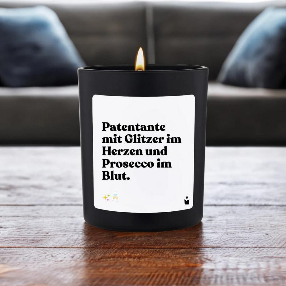 CandleHand Duftkerze Schwarz Woody Patentante mit Glitzer im Herzen und Prosecco im Blut.  