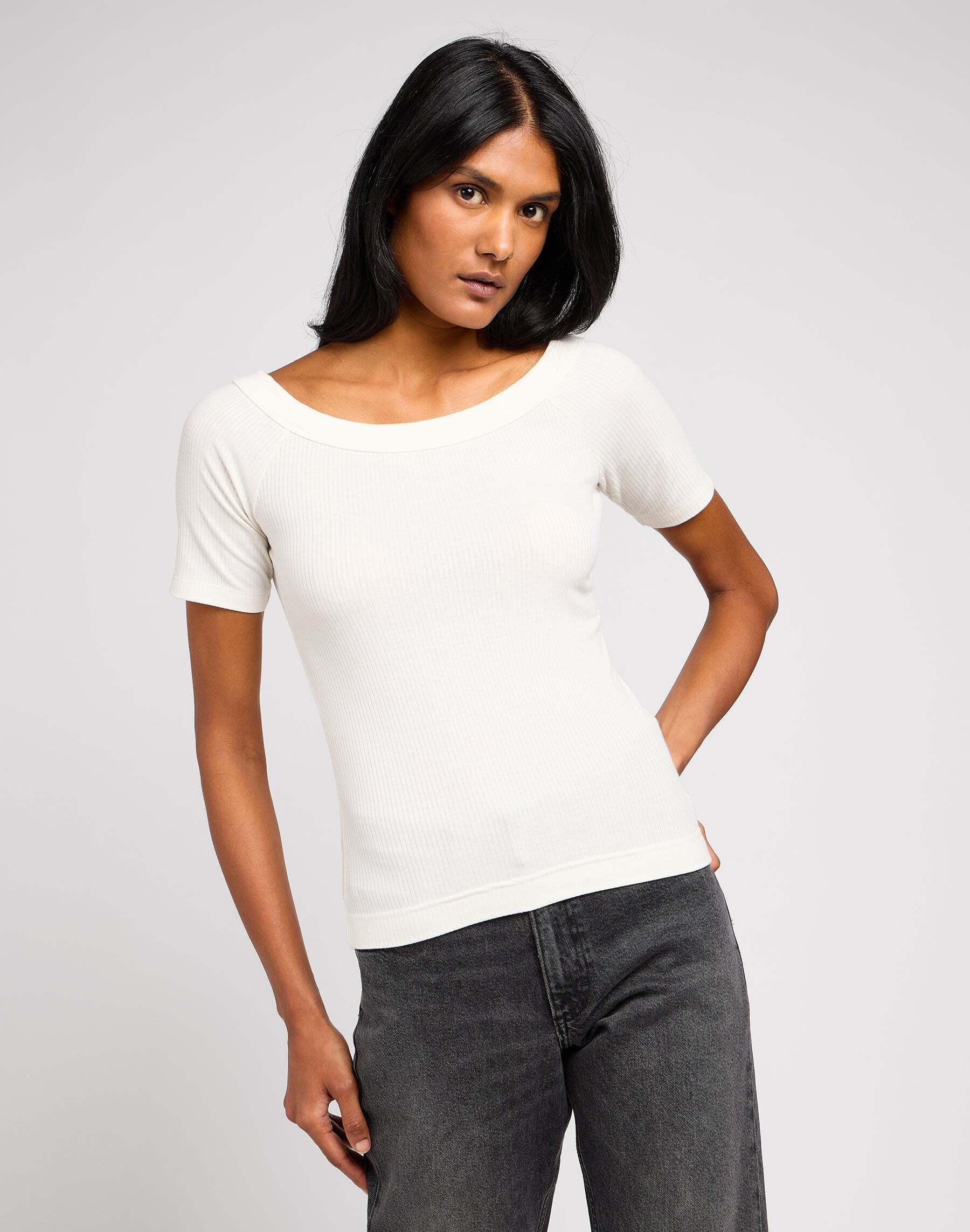 Image of T-shirts Off The Shoulder Rib Damen Écru XS