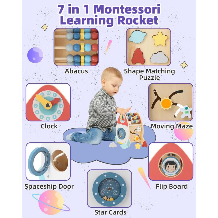 Activity-board  Motorikwürfel aus Holz, Baby-Holzspielzeug, Bewegliches 7 in 1 Lernspielzeug für Kleinkinder mit Abakus, Formenpuzzle, Uhr, Labyrinth 